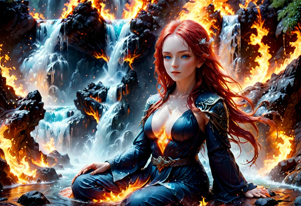 a picture of a (female : 1.2) sitting and meditating near a waterfall, at the base of the waterfall,  there is a human woman monkring monk garmeditg near a bonfire near an (epic sized waterfall: 1.3), red hair, long hair, full body (best details, Masterpiece, best quality :1.5), ultra detailed face (best details, Masterpiece, best quality :1.5), ultra feminine (best details, Masterpiece, best quality :1.5), exquisite beautiful (best details, Masterpiece, best quality :1.5) red hair, long hair, wavy hair, pale skin, blue eyes, intense eyes, water coming down from a volcanic cliff, multi level water falls, several pools created in different levels, forming new waterfalls, water cascading into a (large lava pool: 1.3) steam rising, clear water in many hues of blue and azure, fantasy art, photorealistic, D&D art, ultra best realistic, best details, best quality, 16k, [ultra detailed], masterpiece, best quality, (extremely detailed), ultra wide shot, photorealism, depth of field, hyper realistic painting, faize, perfecteyes, drkfntasy