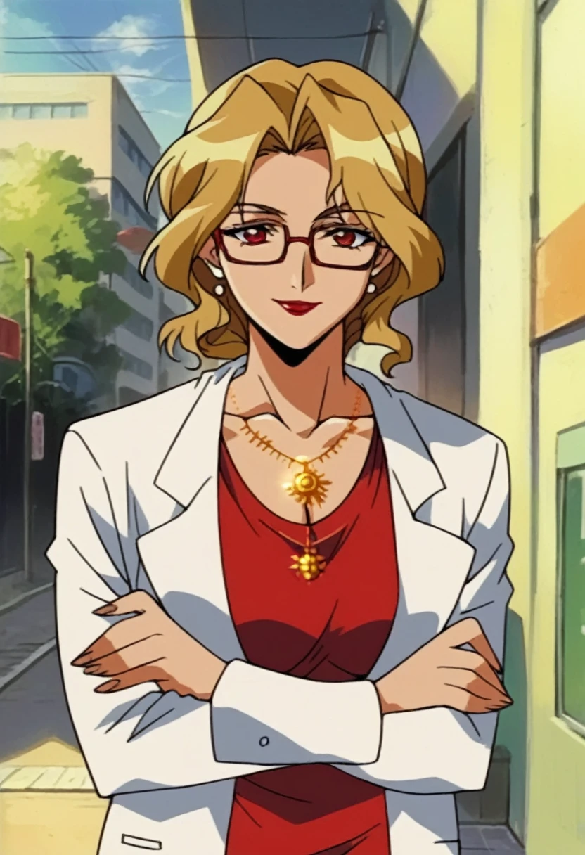 beautyful mature woman, Shion Karanomori based, blonde wavy hair, encorped body, red glasses, red lipstick, red low-cut dress, whole body roses tattoos, white jacket,in city, morning, milf, smile, red eyes, crossed arms, golden large necklaces, several necklaces