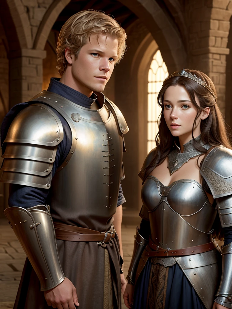 Christopher Egan as a handsome medieval knight in armor, without a helmet, talks with a beautiful lady
