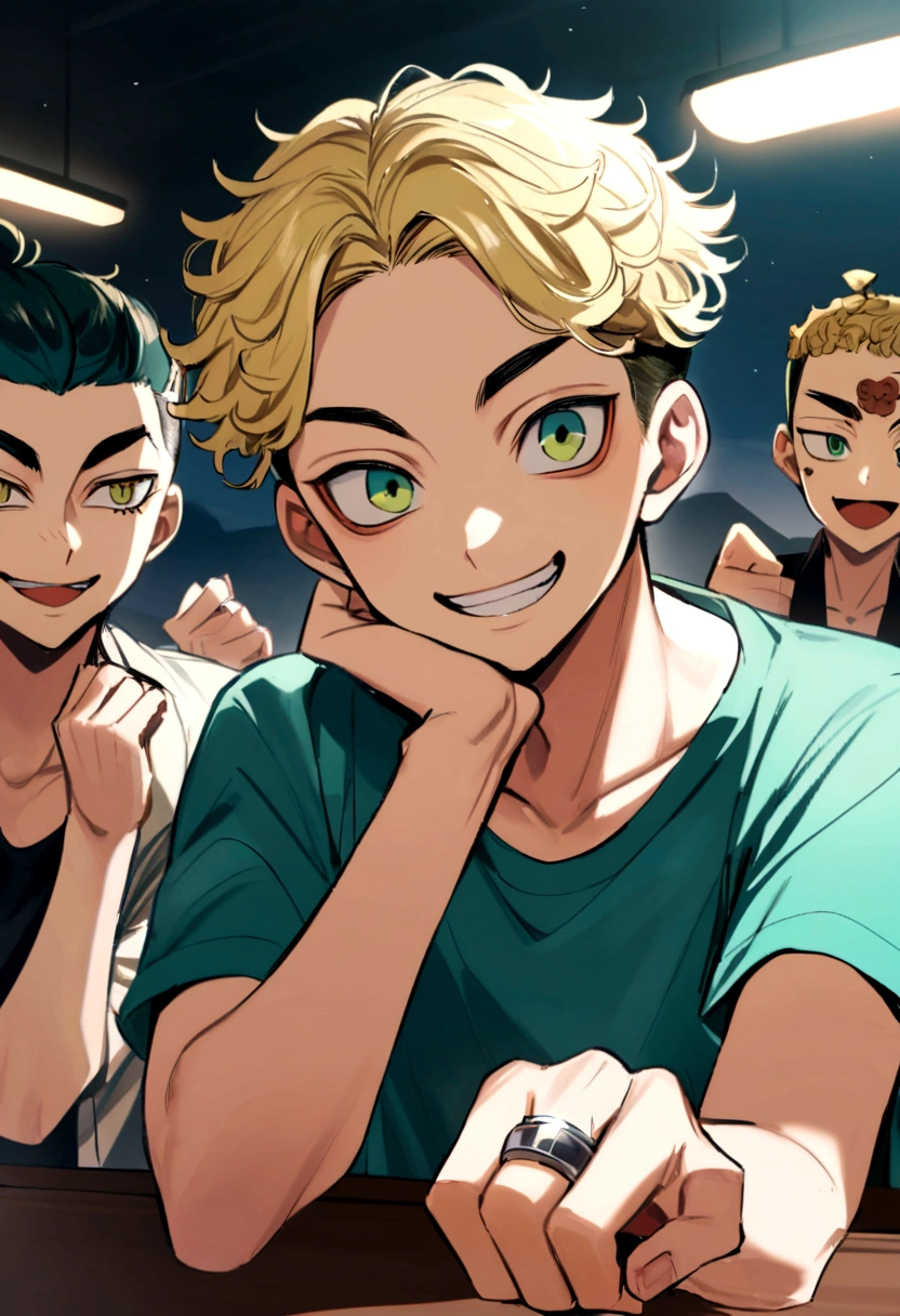 chico pet matsuno, tokyo revengers, blonde hair color on the bottom with an undercut, turquoise eye color (blue green) a ring in the left ear (miarada tranquila) (slight but beautiful smile) (Perfect picture)