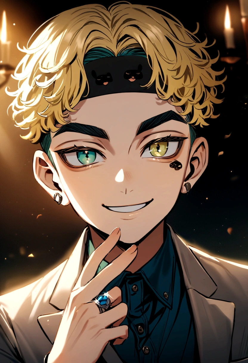 chico pet matsuno, tokyo revengers, blonde hair color on the bottom with an undercut, turquoise eye color (blue green) a ring in the left ear (miarada tranquila) (slight but beautiful smile) (Perfect picture)