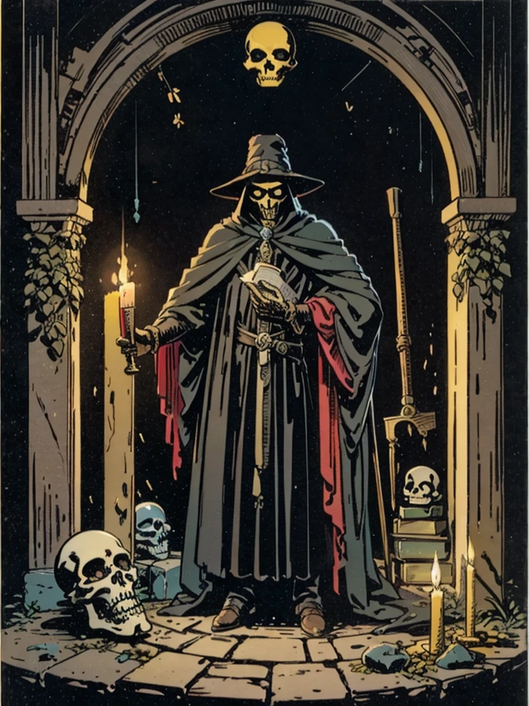 A scene in a dank dungeon setting. A tall dark being dressed in Plague Doctor attire is surrounded by ominous tools of his trade later out on a stone table. Lit by multiple candles placed throughout the dungeon. A large book opened to pages showing human skeletons. Dark fantasy, 80’s graphic novel style. Dark fantasy. Dramatic light. In the style ofFrank Frazetta,  Jim Lee, Mobius and Gerald Brom.