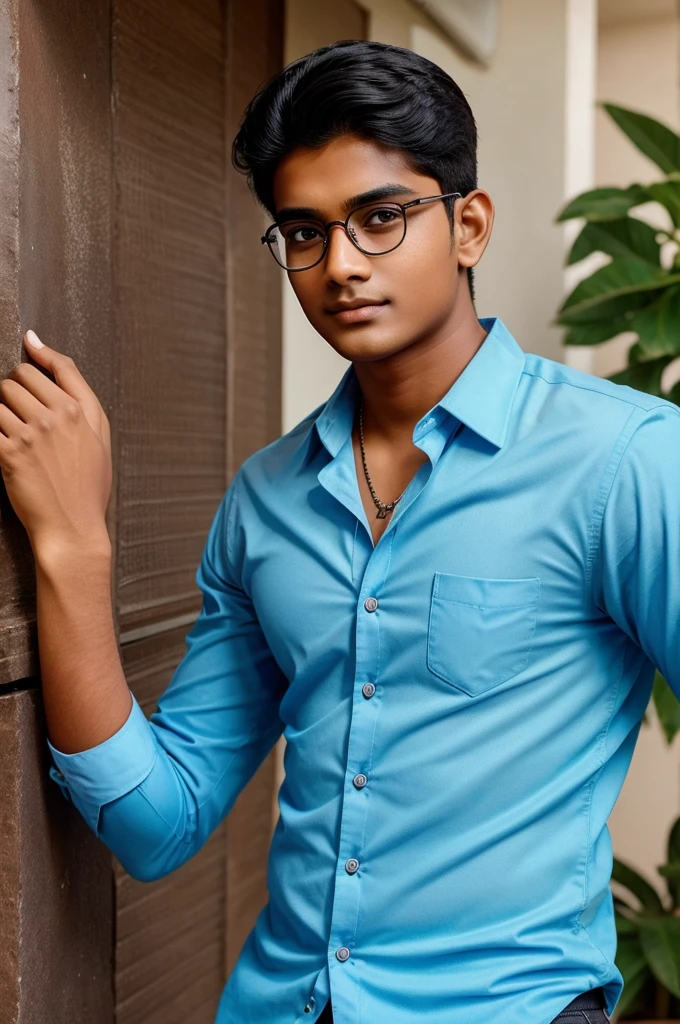 19 year old indian boy with fair skin wearing spectacles and narrow body posing a linkedin picture in formals