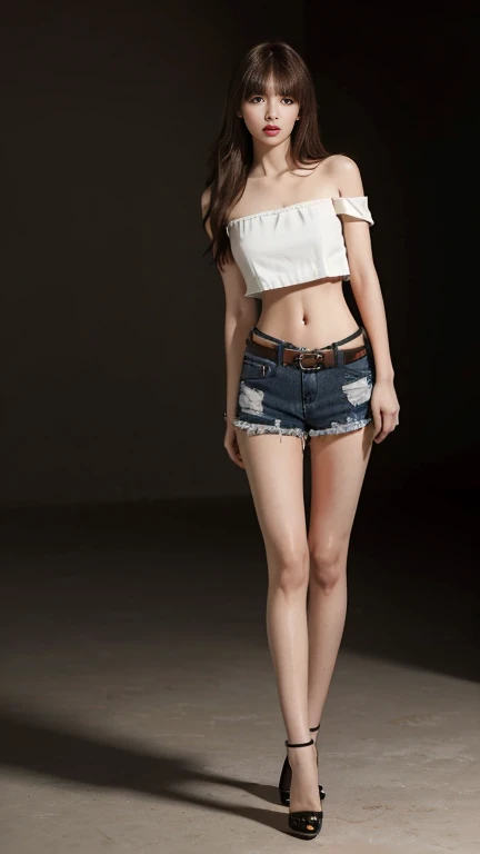 top Quority,Ultra-clear resolution, ((Korean. Cute girl 15 years old)), body. slim. thin. Captivating. (make-up face. Red lipstick). ((Long brown hair with bangs bangs)
((high heels. Ripped shorts. Belt)), ((strapless tube top. Bare Belly navel)), high heels. long legs_full body. look sexy. stand. stand. Dark background,
