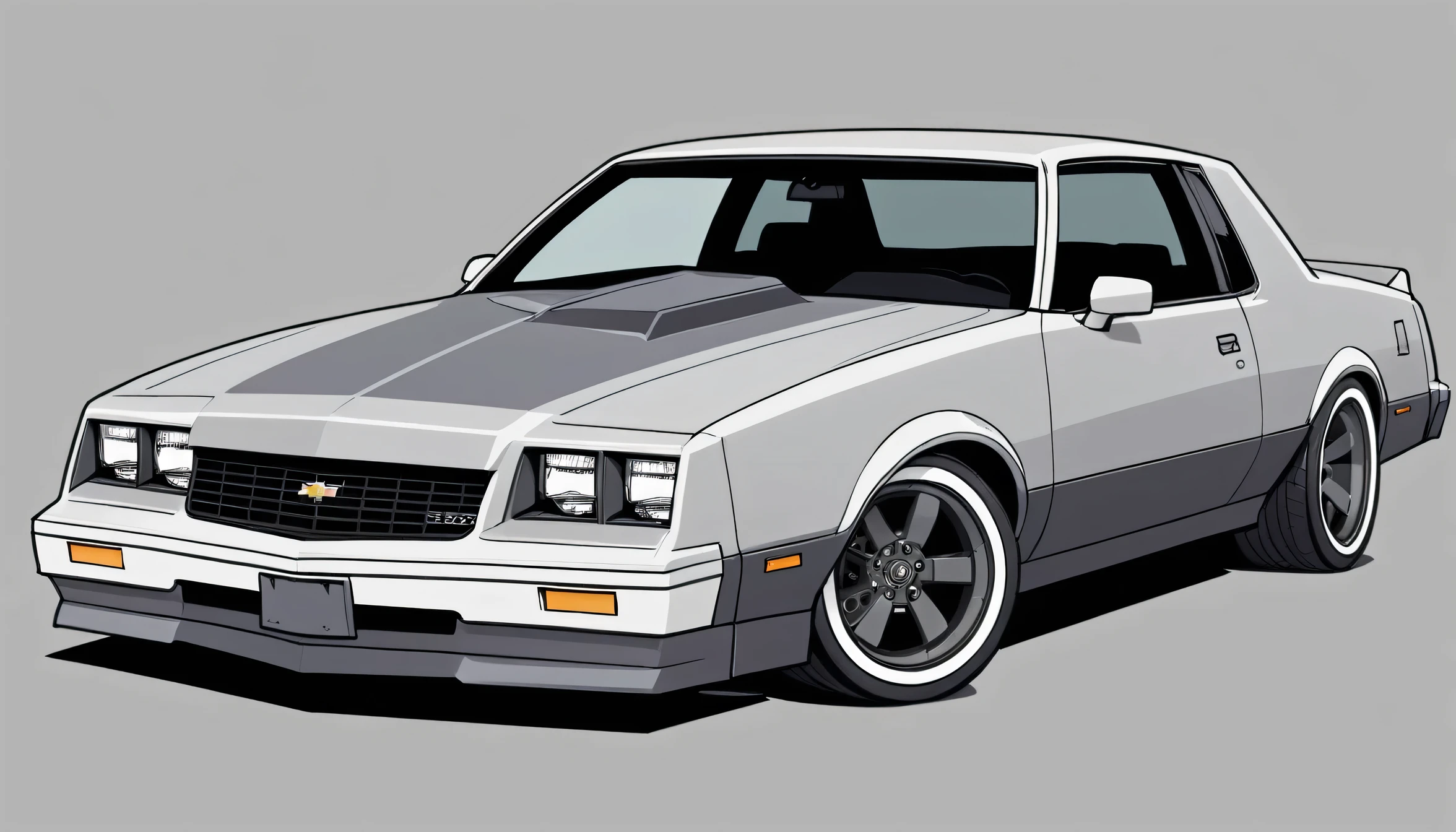 Destroyer Grey 1985 Chevy monte carlo ss, pop art, cartoonish style ,detailed, illustration, slammed to the ground, large black staggered wheels, wide bodykit, masterpiece, highly detailed ((([simple grey background])))