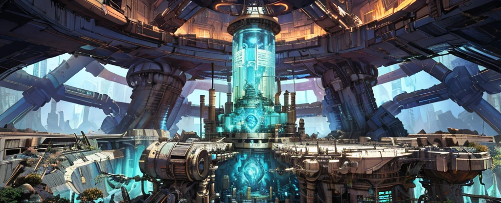 underground,ruins,Blue light,Clear light and dark,crystal,steampunk,culture tank,Power Reactor,4K,8K,Highest quality