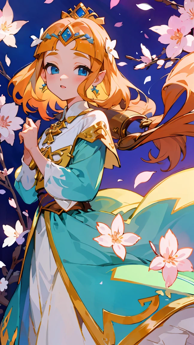 highest quality,masterpiece),Beautiful and delicate princess zelda, (Background) Petals fluttering