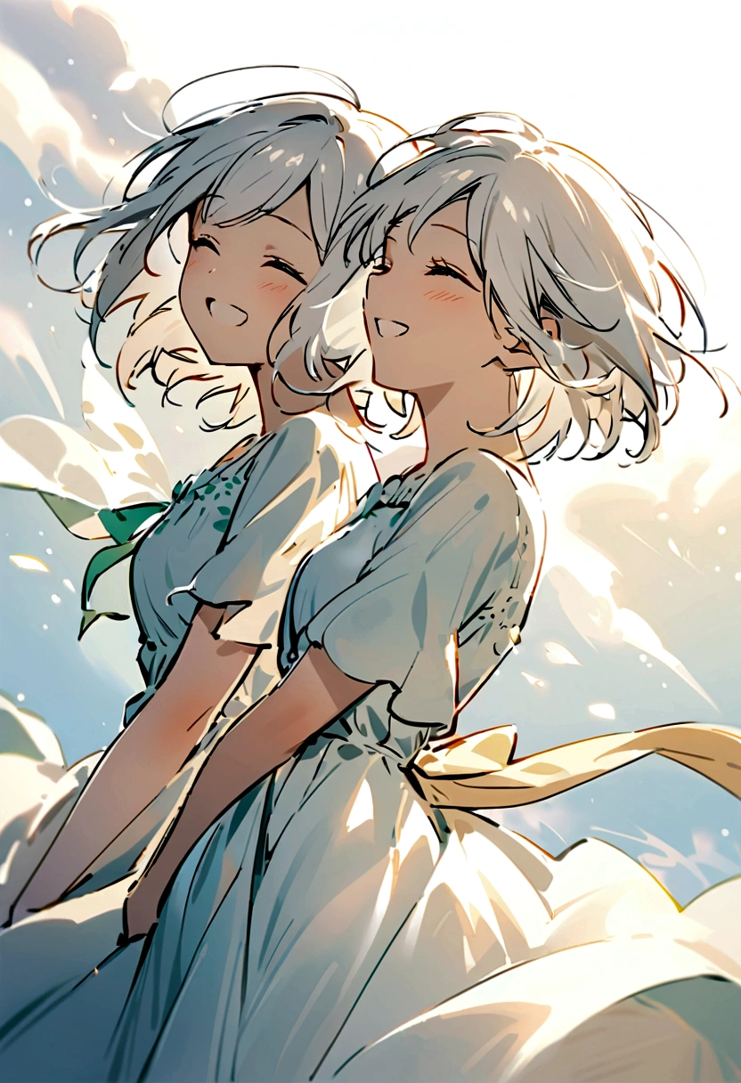 A beautiful girl with short white hair wearing a beautiful dress the flows in the wind,her eyes closed as she smiles happily,the wind hitting her short hair,side view,3/4 view