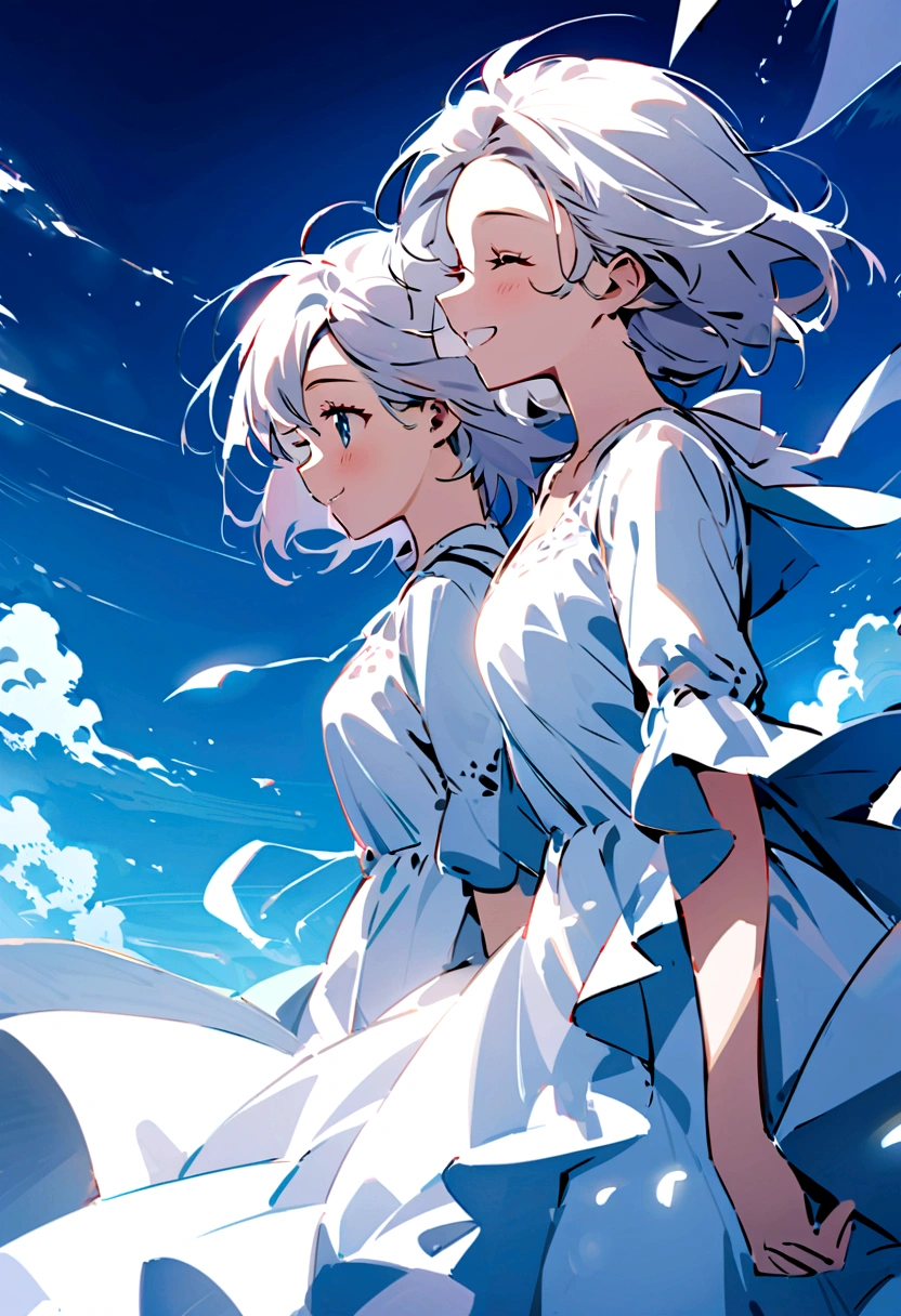A beautiful girl with short white hair wearing a beautiful dress the flows in the wind,her eyes closed as she smiles happily,the wind hitting her short hair,side view,3/4 view