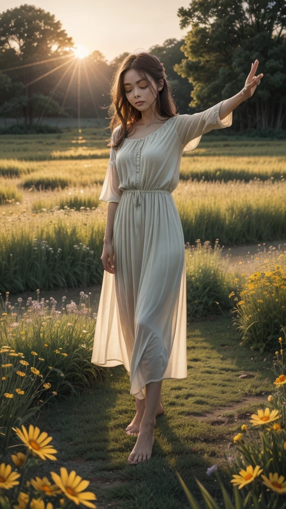 a woman standing in a serene field at dawn, bathed in soft golden light, with arms outstretched in a gesture of gratitude, surrounded by delicate wildflowers, butterflies, and birds, with the text "Gratitude transforms what we have into enough. Appreciate the small things and live with a grateful heart." elegantly displayed in a cursive font in the lower corner, masterpiece, 8k, highly detailed, photorealistic, cinematic lighting, warm color palette, natural, tranquil, peaceful