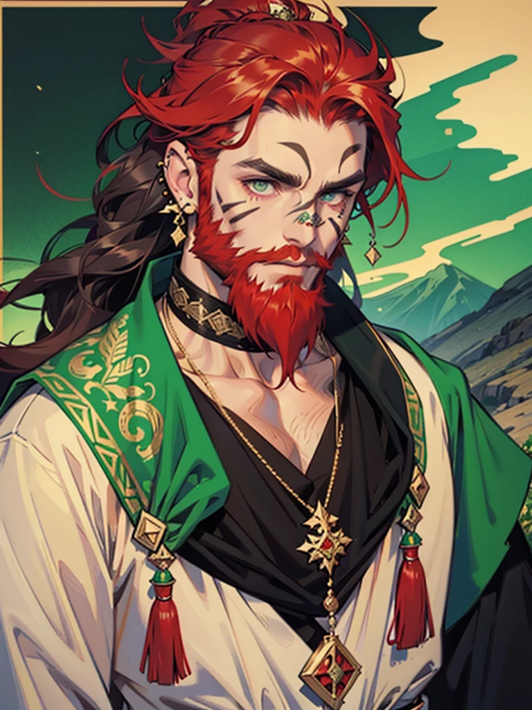 Sole male, Mountain Dwarf, Druid, Red beard, Emerald eyes, Bone earrings and piercings, black markings on face