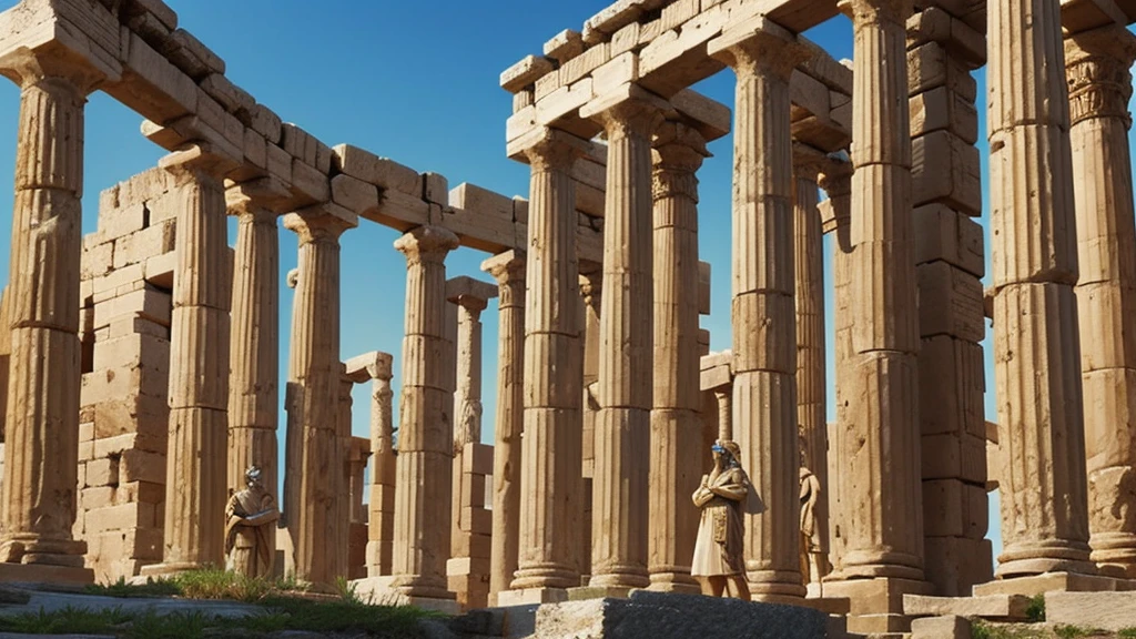 "Athena advising human leaders in an ancient forum setting, with elements of law and order all around."