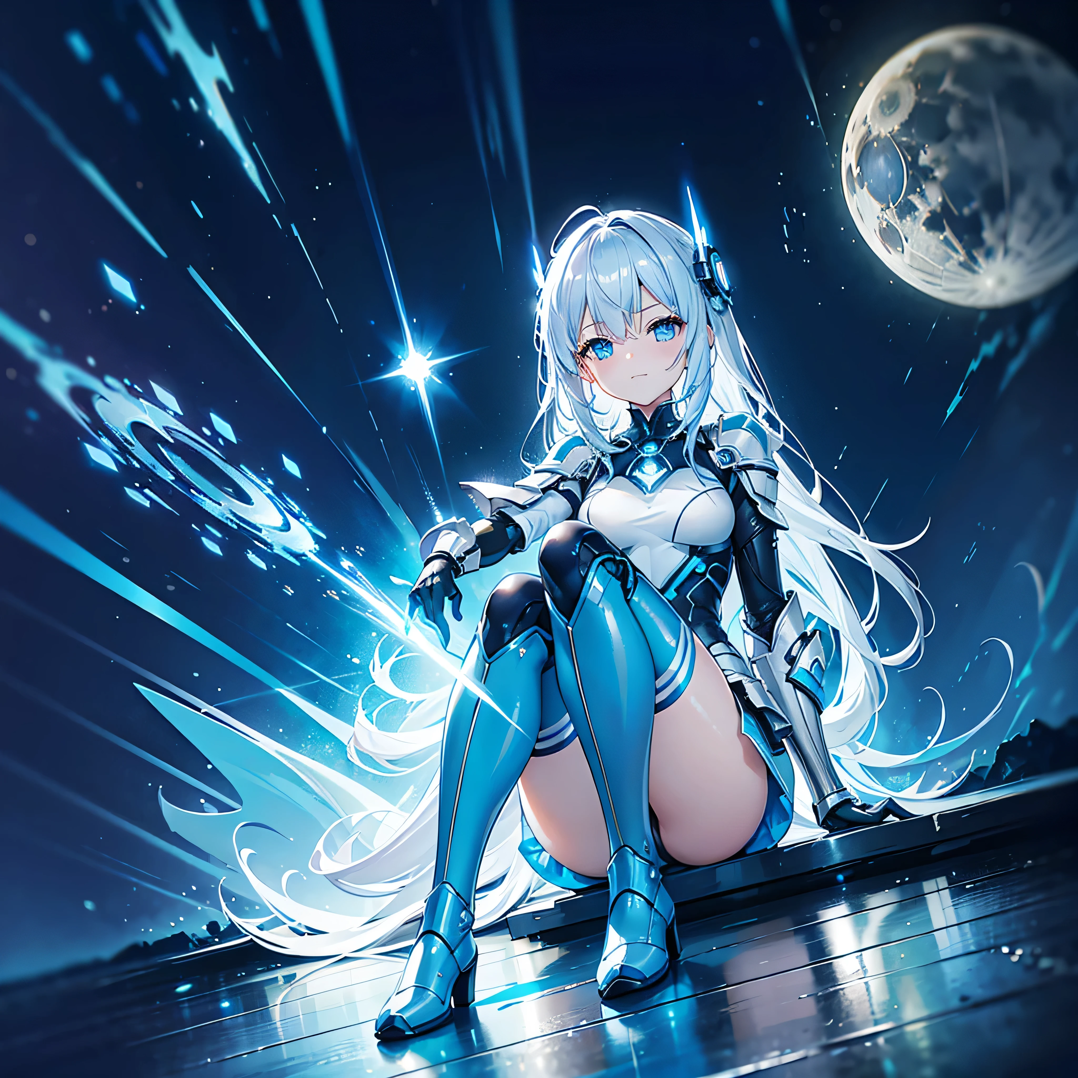 8K, Highest quality, (real:1.4), Original photo, 1 girl, Asari Hair, Biological Amplifier, Very sleek and futuristic armor, posture: Peace talks between warring factions,,attention arousal, smart blue eyes,A modest smile,Knee-high boots,Patent-look blue tights,Blue big moon and blue light swirl in the background,Blue light from behind,blue light magic,A small, glowing blue ball in the palm of your hand,Blue flame swirl,Blue Comet,Polished floor,