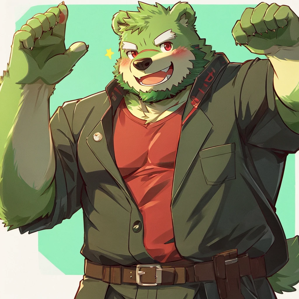 anthro, kemono, male, solo, (((green bear))), (((green fur))), green hair, red eyes, beard, white eyebrows, sexy, blush, wink, simple background,casual clothes, raise one arm and show victory hand, big grin, toothy smile,