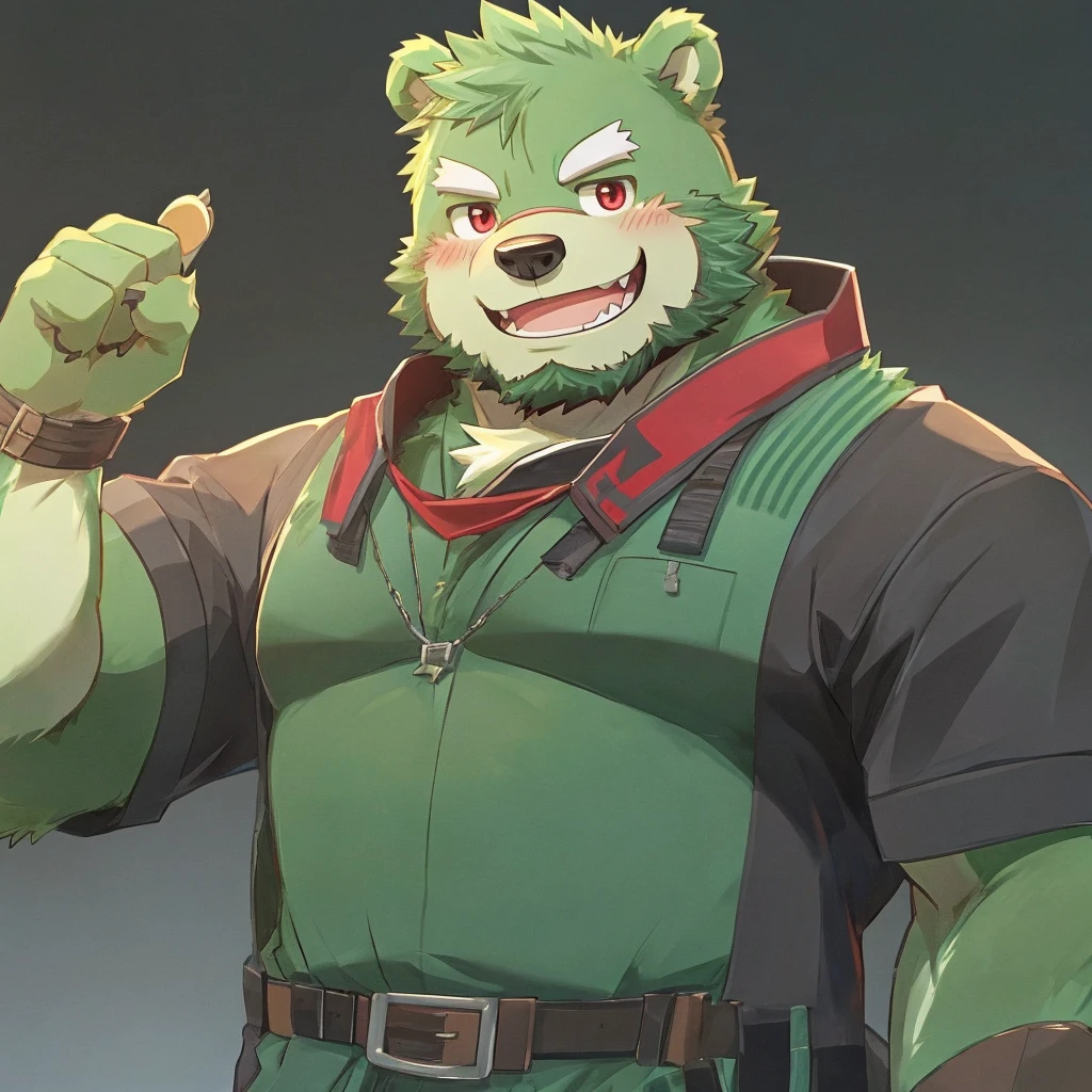 anthro, kemono, male, solo, (((green bear))), (((green fur))), green hair, red eyes, beard, white eyebrows, sexy, blush, wink, simple background,casual clothes, raise one arm and show victory hand, big grin, toothy smile,