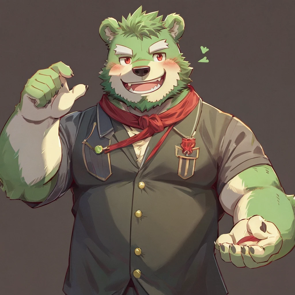 anthro, kemono, male, solo, (((green bear))), (((green fur))), green hair, red eyes, beard, white eyebrows, sexy, blush, wink, simple background,casual clothes, raise one arm and show victory hand, big grin, toothy smile,