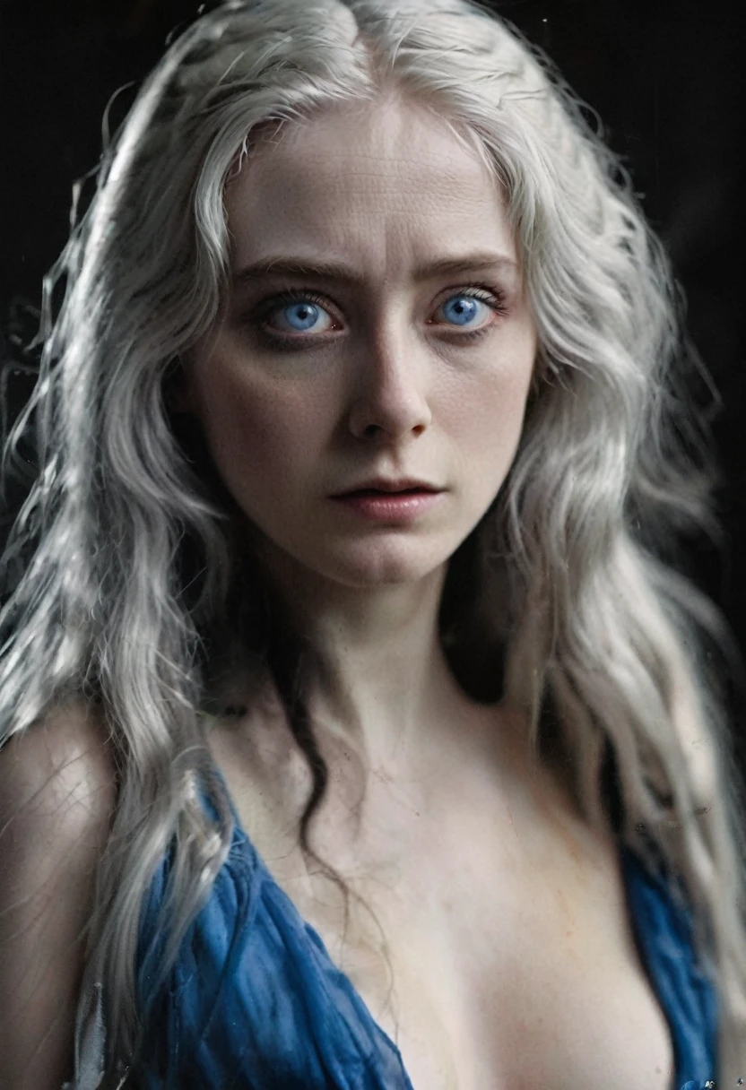 a beautiful woman with long white hair and blue eyes, pale skin, expression of sadness, nude, naked, long breasts, in a dark horror environment, highly detailed, 8k, photorealistic, professional, cinematic lighting, dramatic atmosphere, chiaroscuro, dark moody colors, hyper realistic skin texture, flowing hair, elegant pose, melancholy, dark fantasy