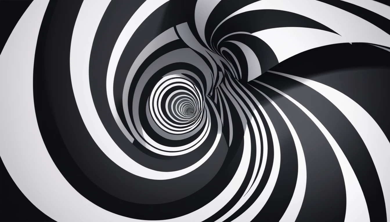 /I Envision a sleek, monochromatic abstract design with a central vortex of swirling black and white patterns, creating a mesmerizing optical illusion. Thin, crisp lines contrast against a matte background for a sophisticated look. hd, stunning, --ar 9:16 --stylize 550