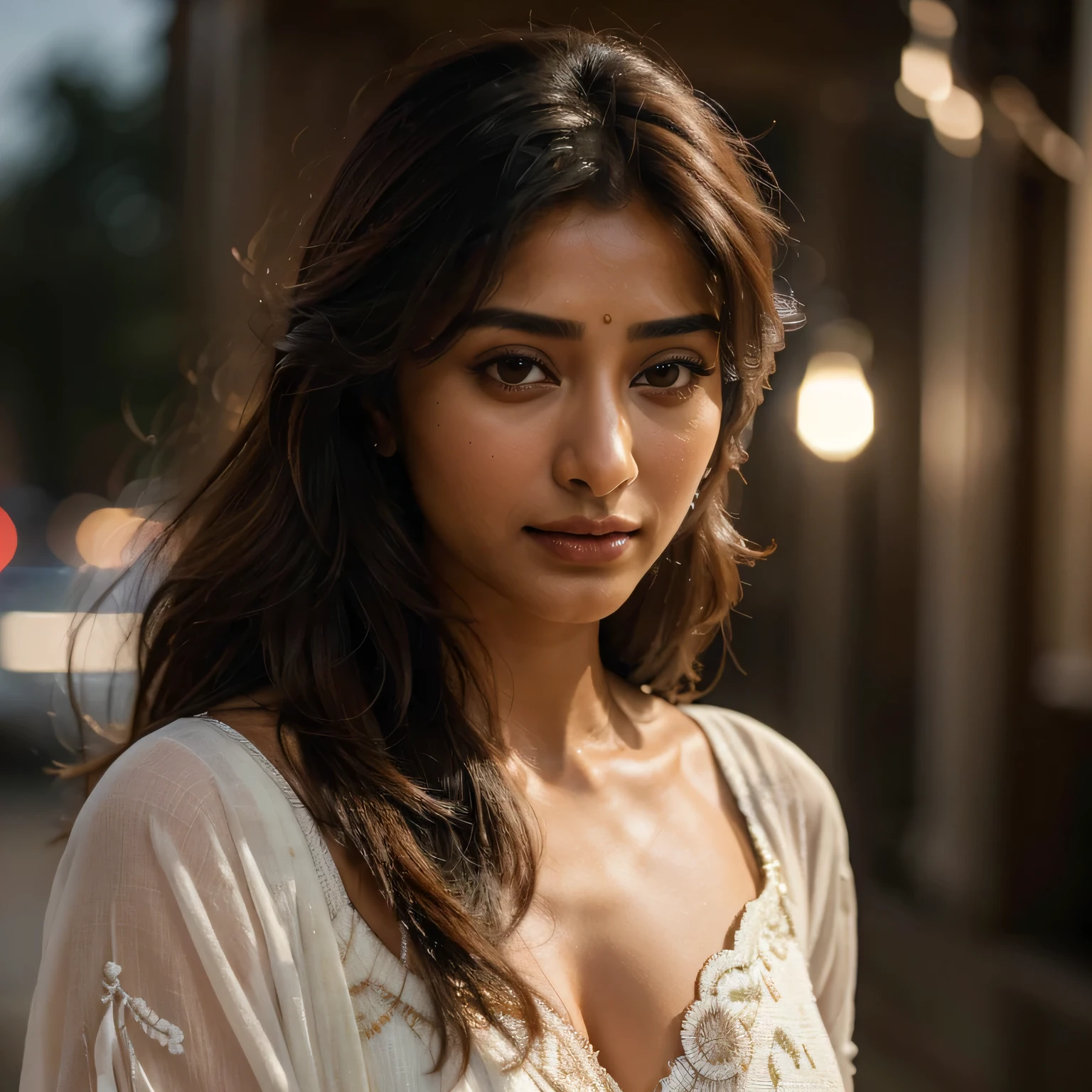 masterpiece, Best Quality, Photorealistic, Ultra-detailed, finedetail, hight resolution, 8k Wallpapers, 1 beautiful woman, face of actress pooja hegde, white shalwar qameez, At night, light brown messy hair, Perfect dynamic composition, Beautiful detailed eyes