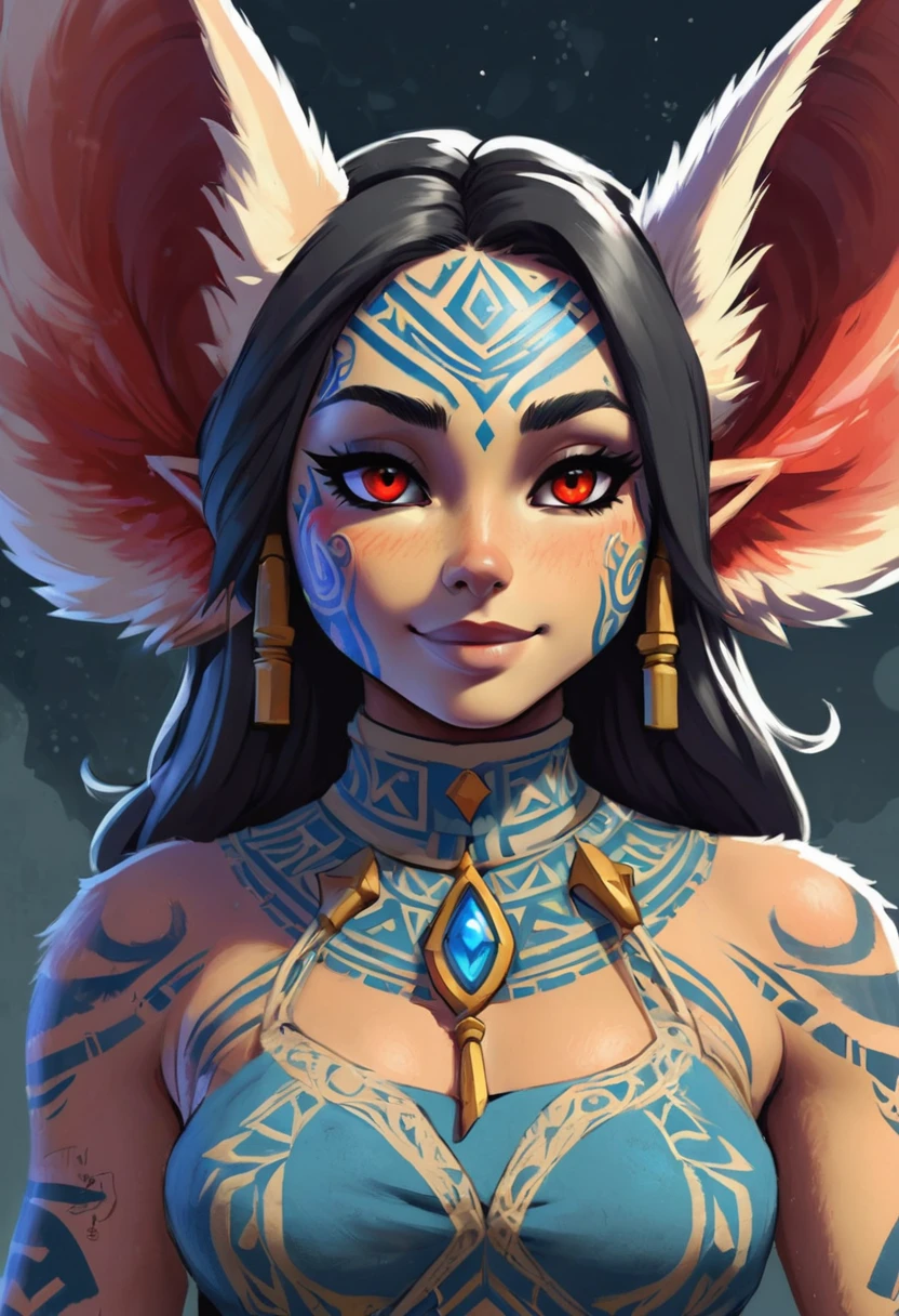Create an illustrated, hand-drawn, full-color masterpiece with warm lighting and shadows. Incorporate graphite shading, stencil marks, and airbrushed acrylic paint in the style of "Breath of the Wild." The image should feature a beautiful goblin woman with a humanoid, furry appearance and large ears shaped like those of an elephant. She has red skin, bright eyes, luscious thick fleshy lips, and a wide smile. Depict her with a perfect, symmetrical face and a curvy hourglass figure with large breasts. Her face, neck, and arms are covered in intricate blue tattoos, adding a mythic beauty to her. She is wearing a long, flowing, lacey dress with a high neck and long billowing skirts. The background should be detailed and sharp, adding to the overall high-resolution, best quality, and detailed art piece. Olivia Munn