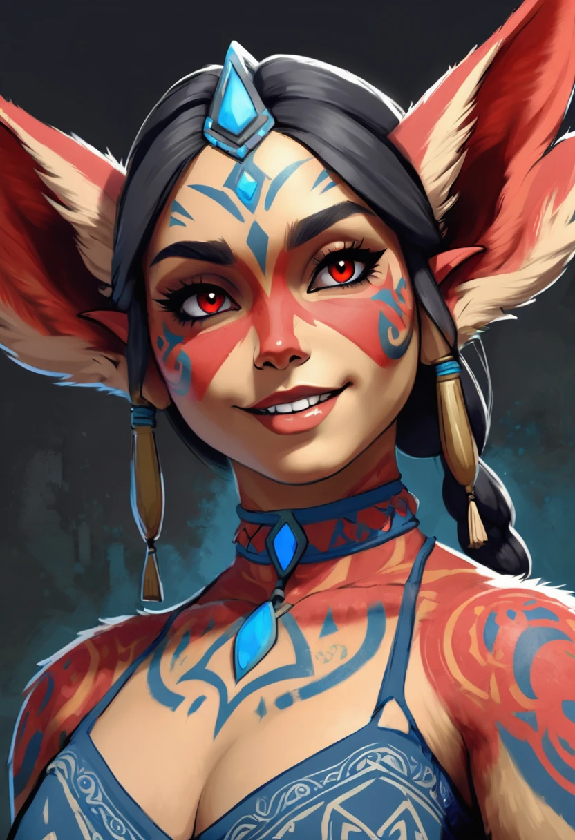 Create an illustrated, hand-drawn, full-color masterpiece with warm lighting and shadows. Incorporate graphite shading, stencil marks, and airbrushed acrylic paint in the style of "Breath of the Wild." The image should feature a beautiful goblin woman with a humanoid, furry appearance and large ears shaped like those of an elephant. She has red skin, bright eyes, luscious thick fleshy lips, and a wide smile. Depict her with a perfect, symmetrical face and a curvy hourglass figure with large breasts. Her face, neck, and arms are covered in intricate blue tattoos, adding a mythic beauty to her. She is wearing a long, flowing, lacey dress with a high neck and long billowing skirts. The background should be detailed and sharp, adding to the overall high-resolution, best quality, and detailed art piece. Olivia Munn