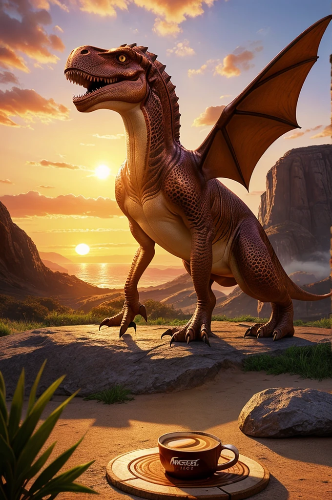 I want a beautiful illustration image for front cover in which a dinosaur or something is sitting on a nescafe. It is sunset now and we have to make a stunning image around fantasy theme like board game types.