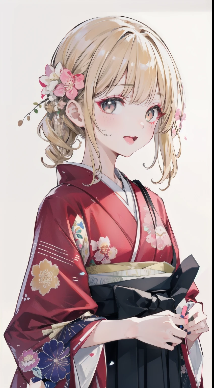 High resolution、An illustration、1 girl、beautiful face、cute、white background、2d、hakama、pink floral kimono、Light blue Hakama、No bangs、Forehead exposed、Upper body、gal、(wheat-colored skin:1.2)、Makeup、blonde hair、pink lipstick、laughing、graduation ceremony、black eyes、