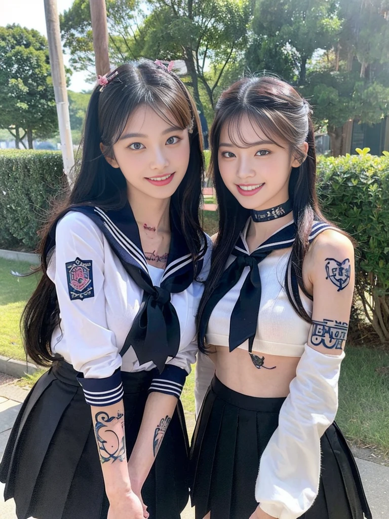 (A super cute Korean high school girl duo with nameplates hanging from their necks take a photo 1.2)(grin,Smile)(Beautiful Sweat:1.1)(16K, RAW Photos, Highest quality, masterpiece: 1.2),(Shiny black hair) Super detailed, Super Resolution, (Genuine, Genuine photos: 1.37), Portraiture, High-resolution RAW color photos, Professional photos, Very detailed, 8k wallpaper, Very detailed CG Unity 8k wallpaper, Very detailed beautiful girls, Very detailed faces, ((whole body)), beautiful woman, Huge breasts,(huge boobs:1.1) (Big Boobs:1.1), Beauty college student (A tight, girly sailor-style summer with ribbons),high School girl, Korean Girls,(K-POP Female Idols), (Idol-class beauty)(Beautiful high school girl:1.1)(School)(18-year-old)(Stylish school uniform-style outfit:1.1)(Group photo:1.2)(Tattoo,Tattoo:1.5)
