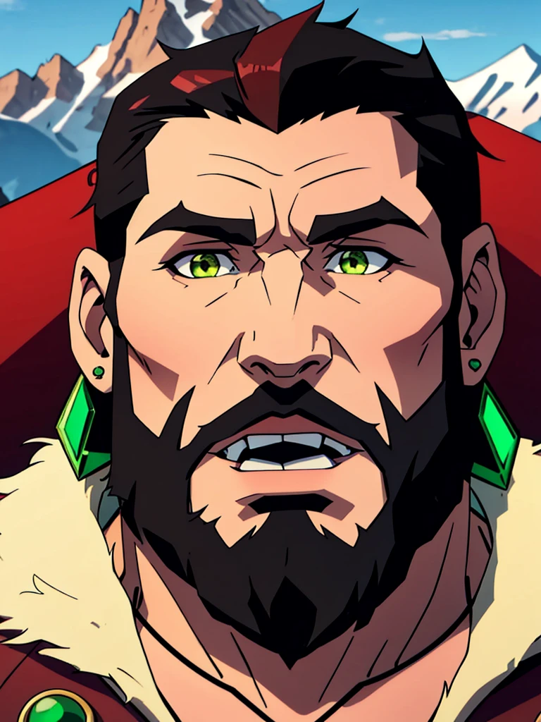 Sole male, Mountain Dwarf, Druid, Red beard, Emerald eyes, Bone earrings and piercings, black markings on face