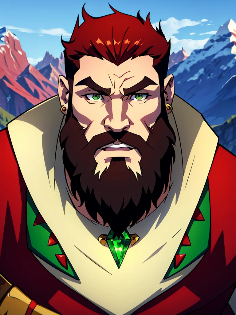Sole male, Mountain Dwarf, Druid, Red beard, Emerald eyes, Bone earrings and piercings, black markings on face