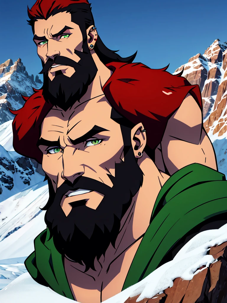 Sole male, Mountain Dwarf, Druid, Red beard, Emerald eyes, Bone earrings and piercings, black markings on face