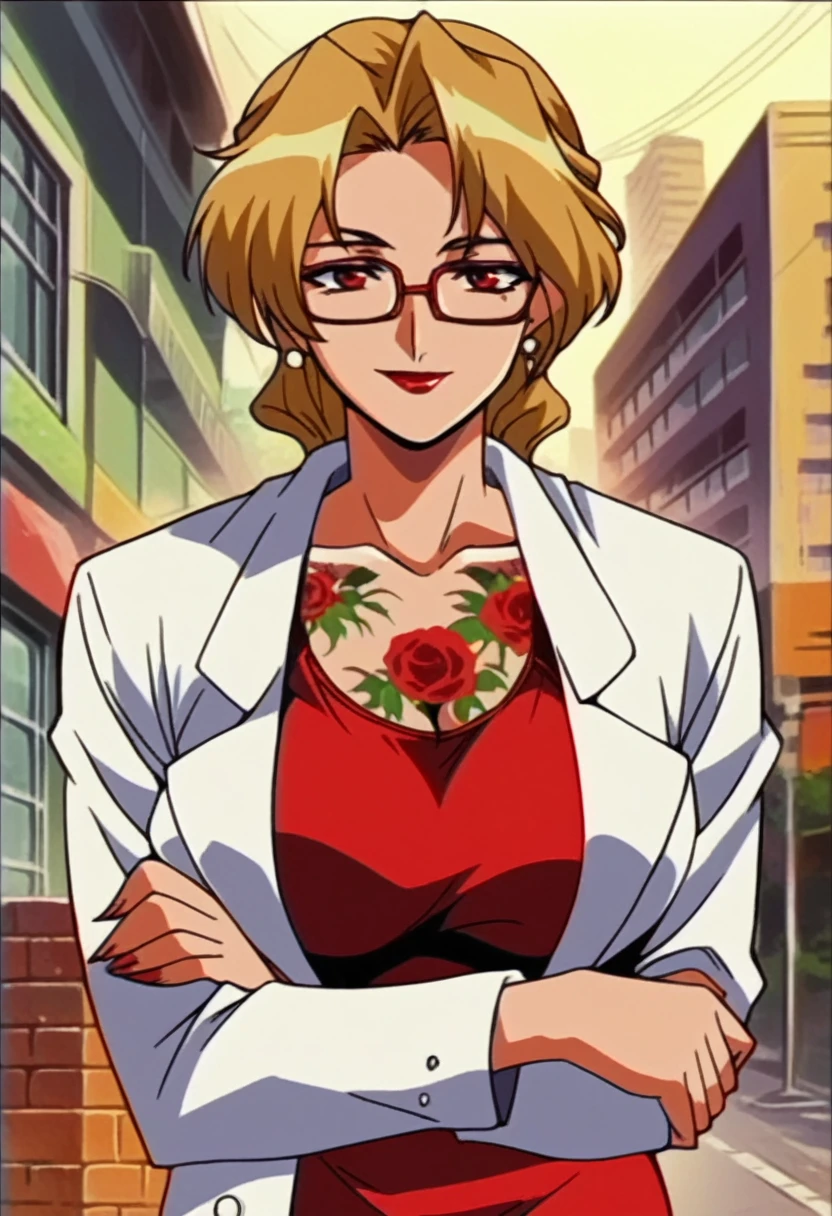 beautyful mature woman, Shion Karanomori based, blonde wavy hair, encorped body, red glasses, red lipstick, red low-cut dress, whole body roses tattoos, white jacket,in city, morning, milf, smile, red eyes, crossed arms, large breasts
