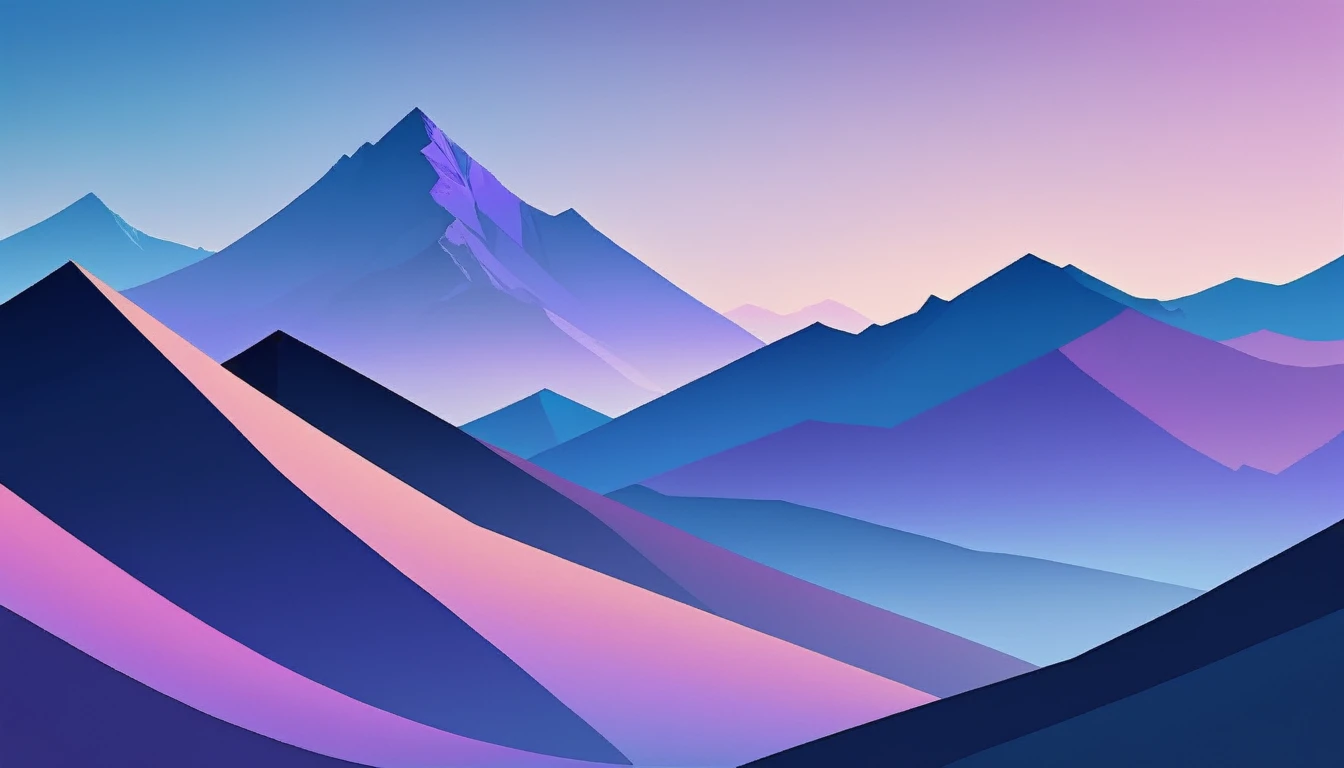 /I Imagine a minimalist landscape of geometric mountains, with layered shades of blue creating a tranquil, dusk-like atmosphere. A single, bold line defines the horizon, under a gradient sky transitioning from deep navy to soft lilac. hd, stunning, --ar 9:16 --stylize 250