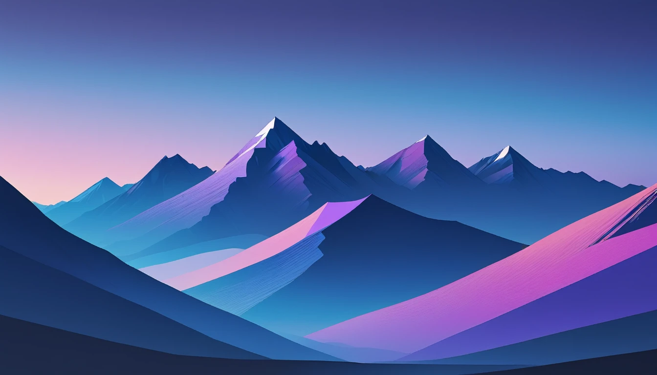 /I Imagine a minimalist landscape of geometric mountains, with layered shades of blue creating a tranquil, dusk-like atmosphere. A single, bold line defines the horizon, under a gradient sky transitioning from deep navy to soft lilac. hd, stunning, --ar 9:16 --stylize 250
