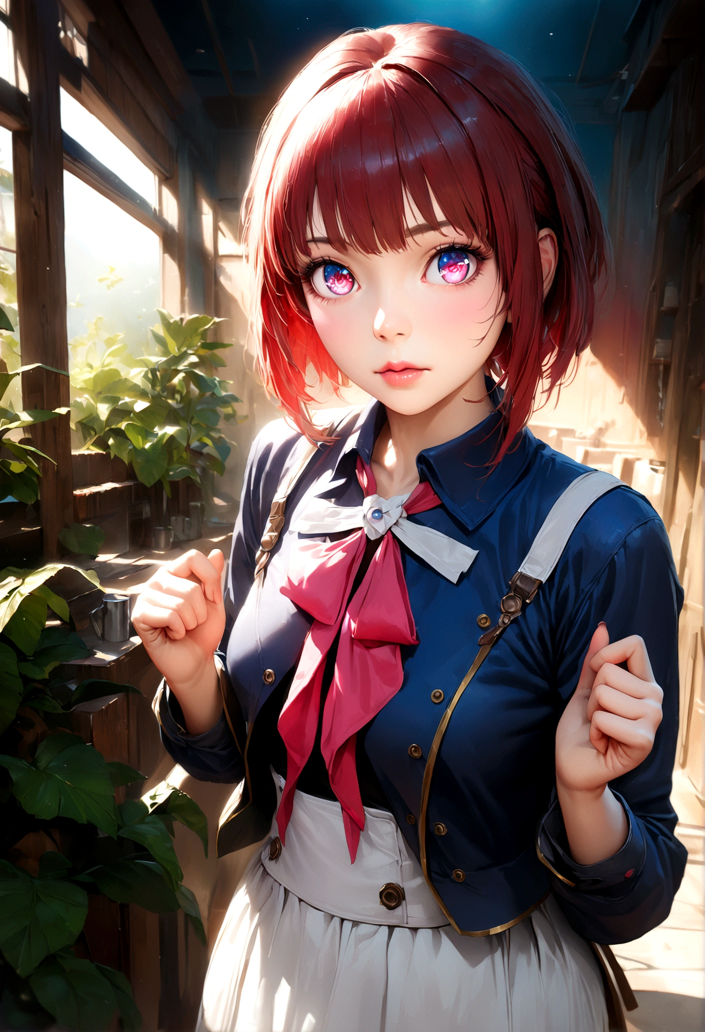 1girl, kana arima, standing, looking at viewer, incredibly detailed, hyperrealistic, 8k, extremely high quality, masterpiece, beautiful detailed eyes, beautiful detailed lips, extremely detailed eyes and face, long eyelashes, intricate detailed skin, digital art, highly detailed, photorealistic, studio lighting, dramatic lighting, vibrant colors, warm color palette, cinematic lighting, detailed background, lush environment