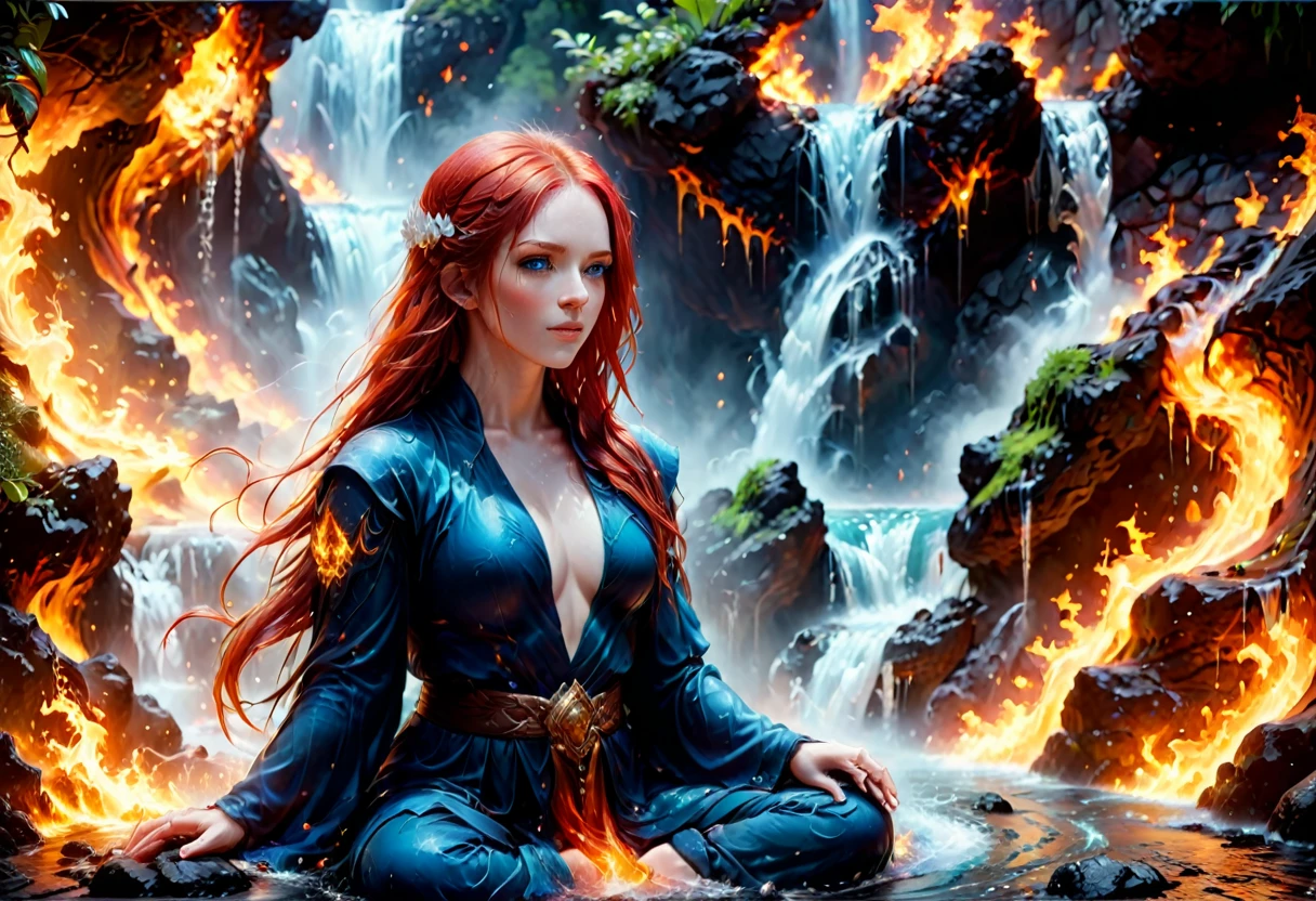 a picture of a (female monk: 1.2) sitting and meditating near a waterfall, at the base of the waterfall,  there is a human woman monk wearing monk garbs, meditating near a bonfire near an (epic sized waterfall: 1.3), red hair, long hair, full body (best details, Masterpiece, best quality :1.5), ultra detailed face (best details, Masterpiece, best quality :1.5), ultra feminine (best details, Masterpiece, best quality :1.5), exquisite beautiful (best details, Masterpiece, best quality :1.5) red hair, long hair, wavy hair, pale skin, blue eyes, intense eyes, water coming down from a volcanic cliff, multi level water falls, several pools created in different levels, forming new waterfalls, water cascading into a (large lava pool: 1.3) steam rising, clear water in many hues of blue and azure, fantasy art, photorealistic, D&D art, ultra best realistic, best details, best quality, 16k, [ultra detailed], masterpiece, best quality, (extremely detailed), ultra wide shot, photorealism, depth of field, hyper realistic painting, faize, perfecteyes, drkfntasy