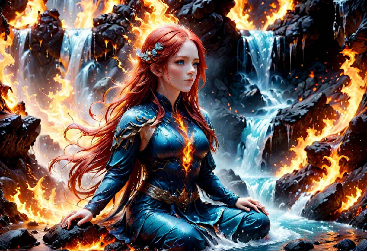 a picture of a (female monk: 1.2) sitting and meditating near a waterfall, at the base of the waterfall,  there is a human woman monk wearing monk garbs, meditating near a bonfire near an (epic sized waterfall: 1.3), red hair, long hair, full body (best details, Masterpiece, best quality :1.5), ultra detailed face (best details, Masterpiece, best quality :1.5), ultra feminine (best details, Masterpiece, best quality :1.5), exquisite beautiful (best details, Masterpiece, best quality :1.5) red hair, long hair, wavy hair, pale skin, blue eyes, intense eyes, water coming down from a volcanic cliff, multi level water falls, several pools created in different levels, forming new waterfalls, water cascading into a (large lava pool: 1.3) steam rising, clear water in many hues of blue and azure, fantasy art, photorealistic, D&D art, ultra best realistic, best details, best quality, 16k, [ultra detailed], masterpiece, best quality, (extremely detailed), ultra wide shot, photorealism, depth of field, hyper realistic painting, faize, perfecteyes, drkfntasy