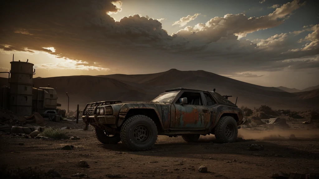 a powerful off-roader, post-apocalyptic, mad max style, weathered and dystopian, desert landscape, dramatic lighting, vibrant colors, gritty and rugged, heavily modified vehicle, massive wheels, spikes and armor plating, menacing presence, cinematic composition, ultra-detailed, 8k, photorealistic, dramatic angles, chiaroscuro lighting, volumetric fog, dust and grime effects, worn and battle-damaged, ominous atmosphere, cinematic depth of field, dramatic color grading, intense shadows and highlights
