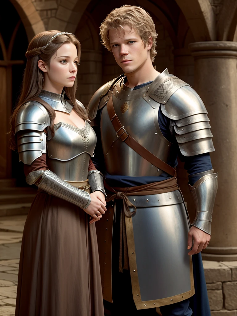 Christopher Egan as a handsome medieval knight in armor, without a helmet, talks with a beautiful lady