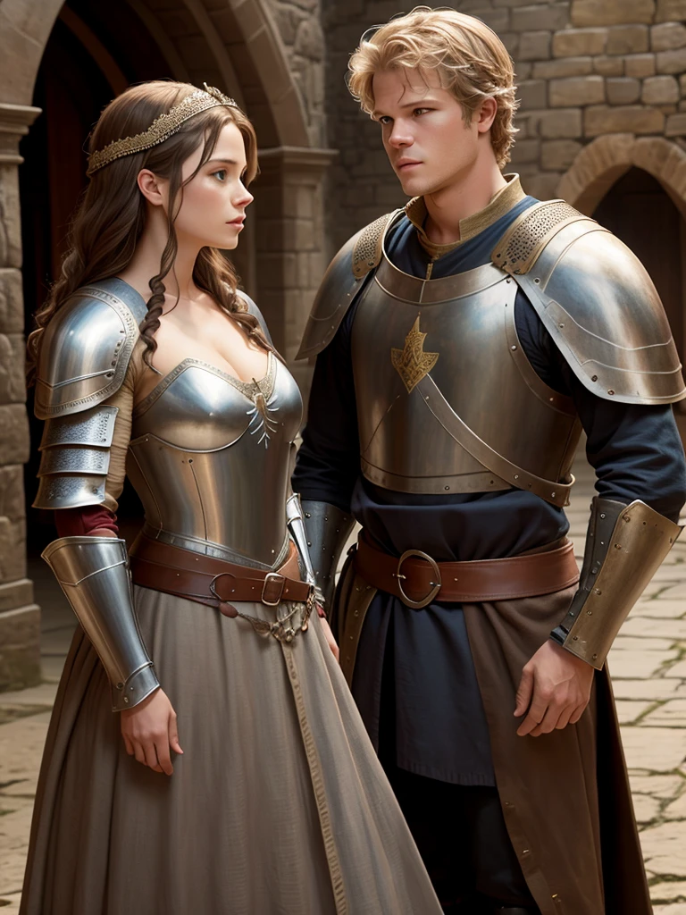 Christopher Egan as a handsome medieval knight in armor, without a helmet, talks with a beautiful lady