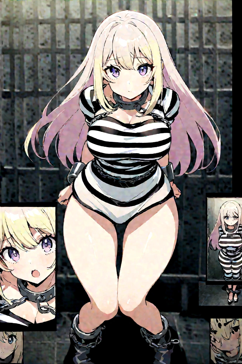 Police photo, see the viewer, huge chest, prisoner, Prison Girl, imprisoned, prisoner, Black and white striped prison jumpsuit, handcuffed, content, to chain, interested, Cell, close, long blonde hair, Blue eyes