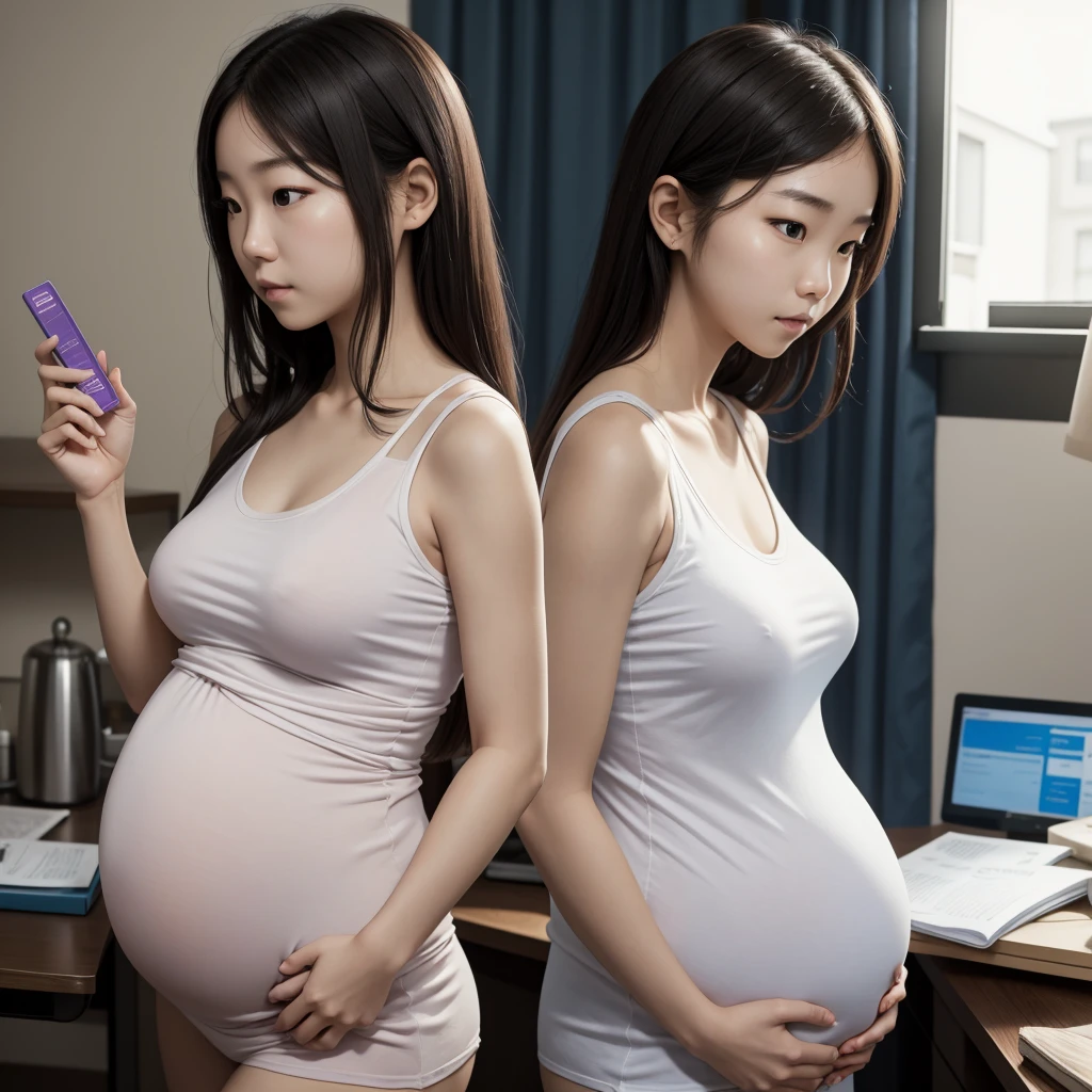 A faceless Korean girl is standing, holding a positive pregnancy test in front of the camera. The pregnancy test is clearly visible and shows two lines, indicating a positive result. The girl is wearing a low-cut but not excessively revealing shirt., allowing a bit of your collarbone and upper chest to show. Her posture is relaxed and her hands are framing the pregnancy test, focusing attention on the positive outcome. The background is simple and without distracting elements, to keep the focus on the girl and the pregnancy test.