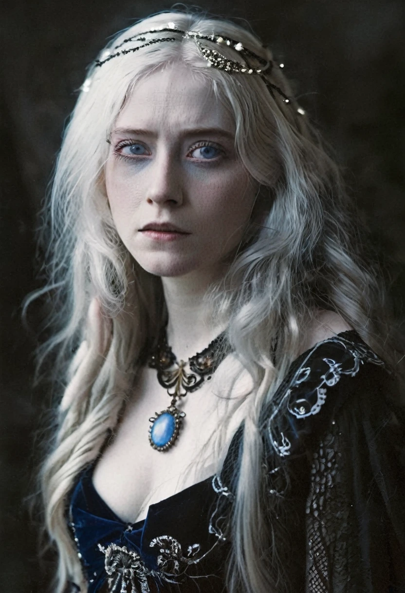 A woman with long white hair and blue eyes ,pale skin,expression of sadness ,black victorian dress ,open neckline,long breasts,in a dark horror environment