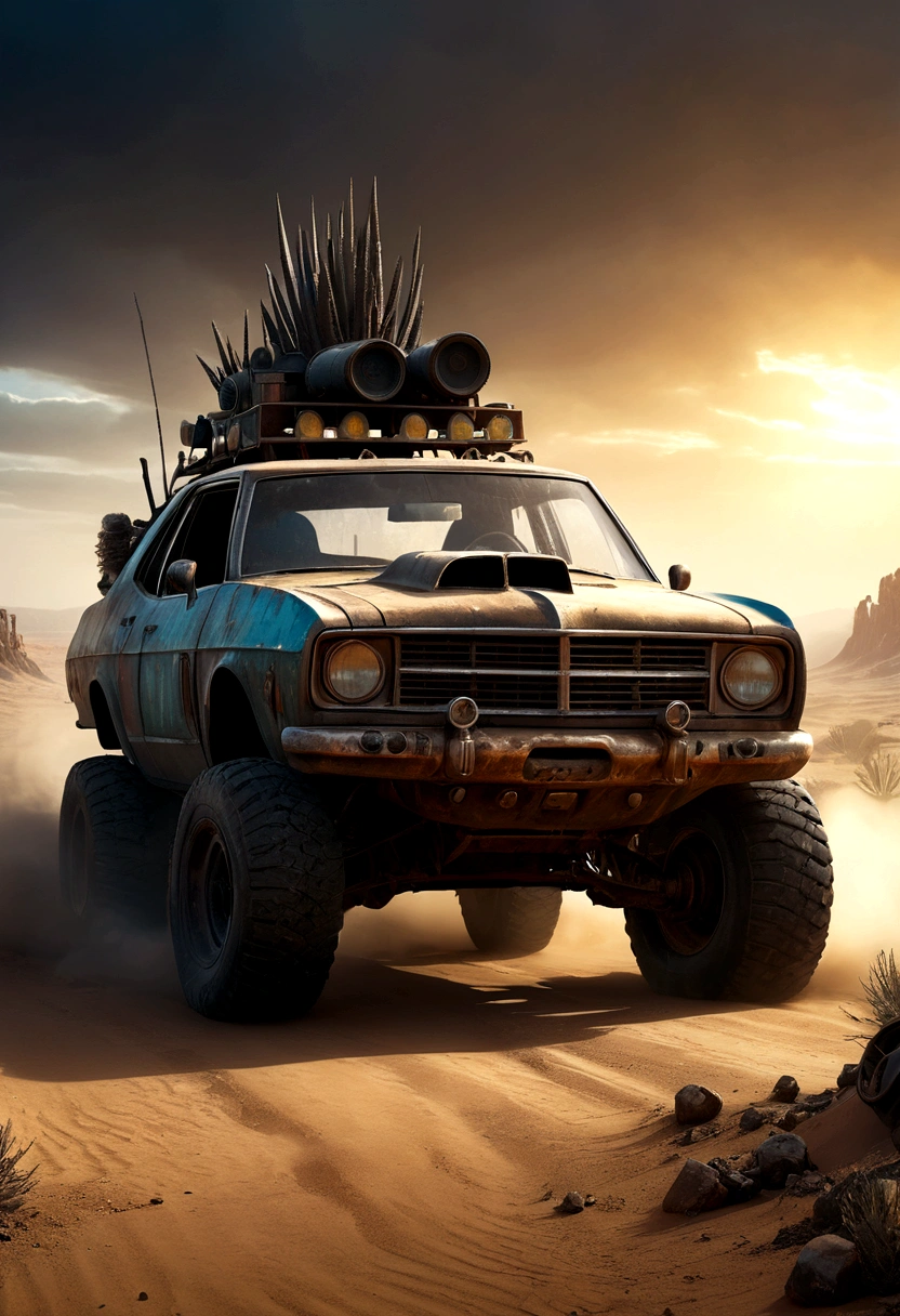 a powerful off-roader, post-apocalyptic, mad max style, weathered and dystopian, desert landscape, dramatic lighting, vibrant colors, gritty and rugged, heavily modified vehicle, massive wheels, spikes and armor plating, menacing presence, cinematic composition, ultra-detailed, 8k, photorealistic, dramatic angles, chiaroscuro lighting, volumetric fog, dust and grime effects, worn and battle-damaged, ominous atmosphere, cinematic depth of field, dramatic color grading, intense shadows and highlights