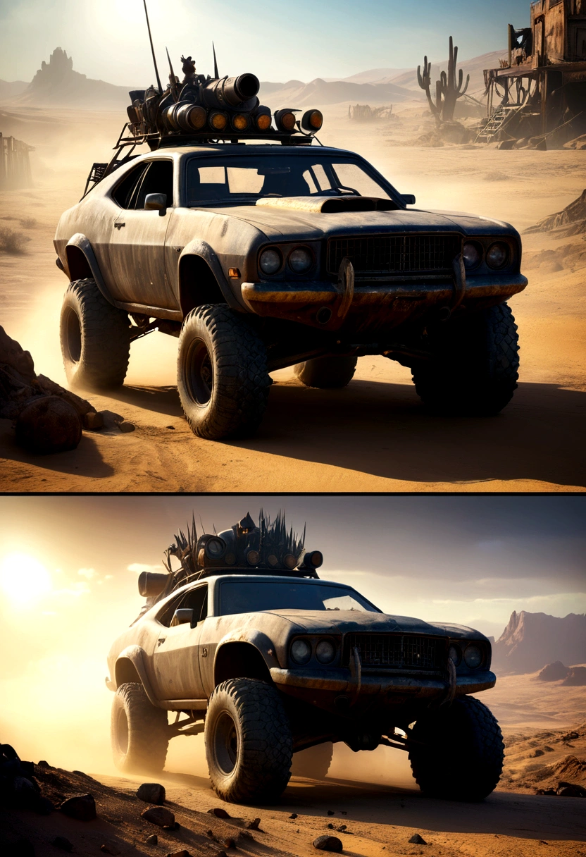 a powerful off-roader, post-apocalyptic, mad max style, weathered and dystopian, desert landscape, dramatic lighting, vibrant colors, gritty and rugged, heavily modified vehicle, massive wheels, spikes and armor plating, menacing presence, cinematic composition, ultra-detailed, 8k, photorealistic, dramatic angles, chiaroscuro lighting, volumetric fog, dust and grime effects, worn and battle-damaged, ominous atmosphere, cinematic depth of field, dramatic color grading, intense shadows and highlights