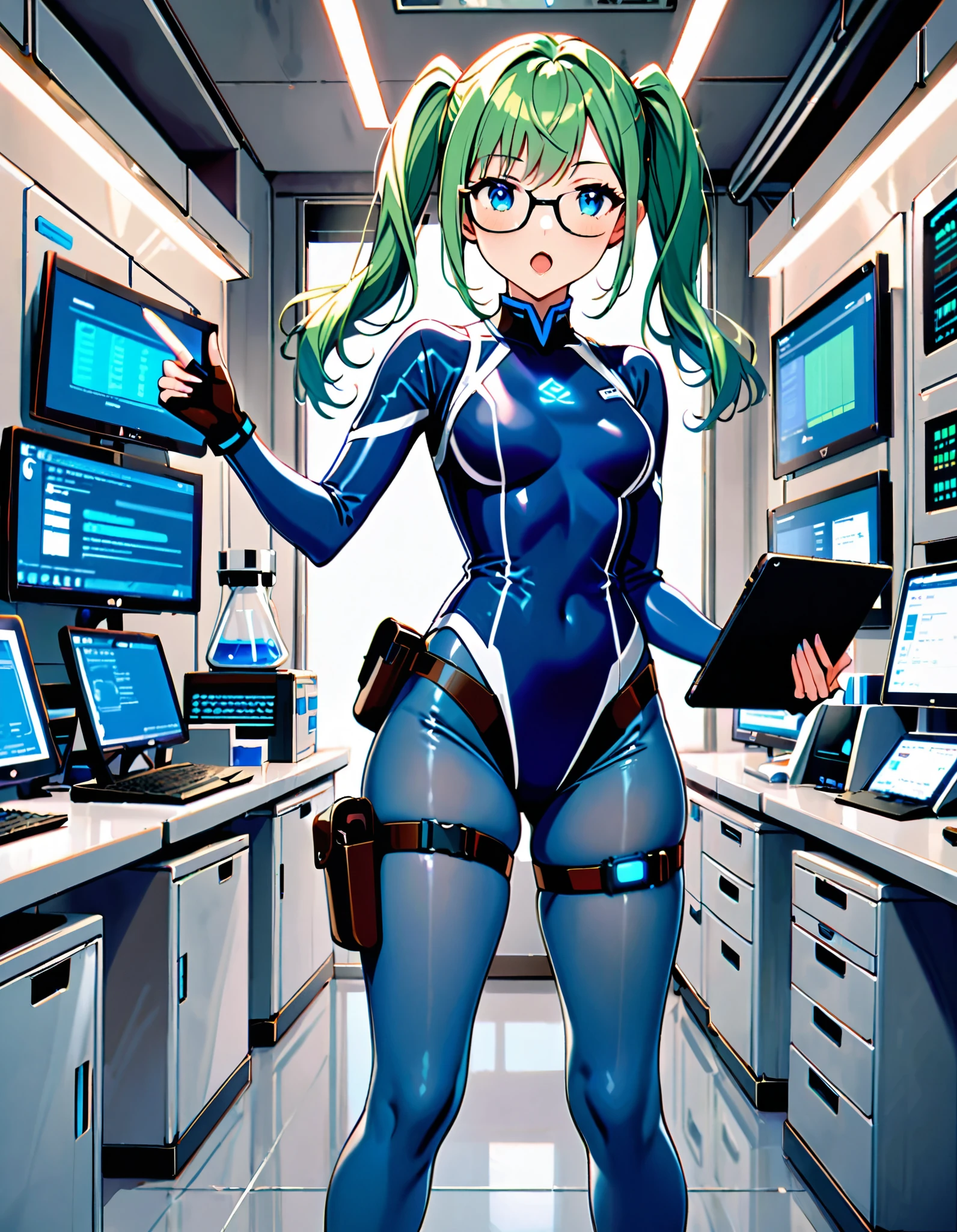 masterpiece, highly detailed, best quality, high quality, 1girl, (solo, solo focus), blue eyes, (cute eyes), beautiful detailed eyes, beautiful detailed face, perfect hands, complete fingers, perfect anatomy, perfect proportions, full body, gloves, green hair, pigtails, (blue skintight bodysuit, (blue leotard)), kochiy sanae, open mouth, (pistol holster, thigh holster, thigh strap), (full blue pantyhose, skintight blue leggings, perfect fit), ((glasses)), black boots, matching boots, fingerless gloves. laboratory, computers, holding tablet, curious look, standing. full body costume design
