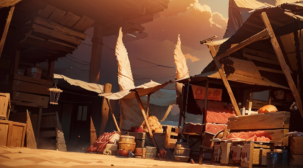 traditional market, butchery, (they sell meats on the table and display case, skull), ((market stalls, market tents)), wooden boxes, wooden basket, wire, ((giant sharp rocks)), sand ground, (dawn time, daybreak sky, dark morning), low angle, AnatomicTech,