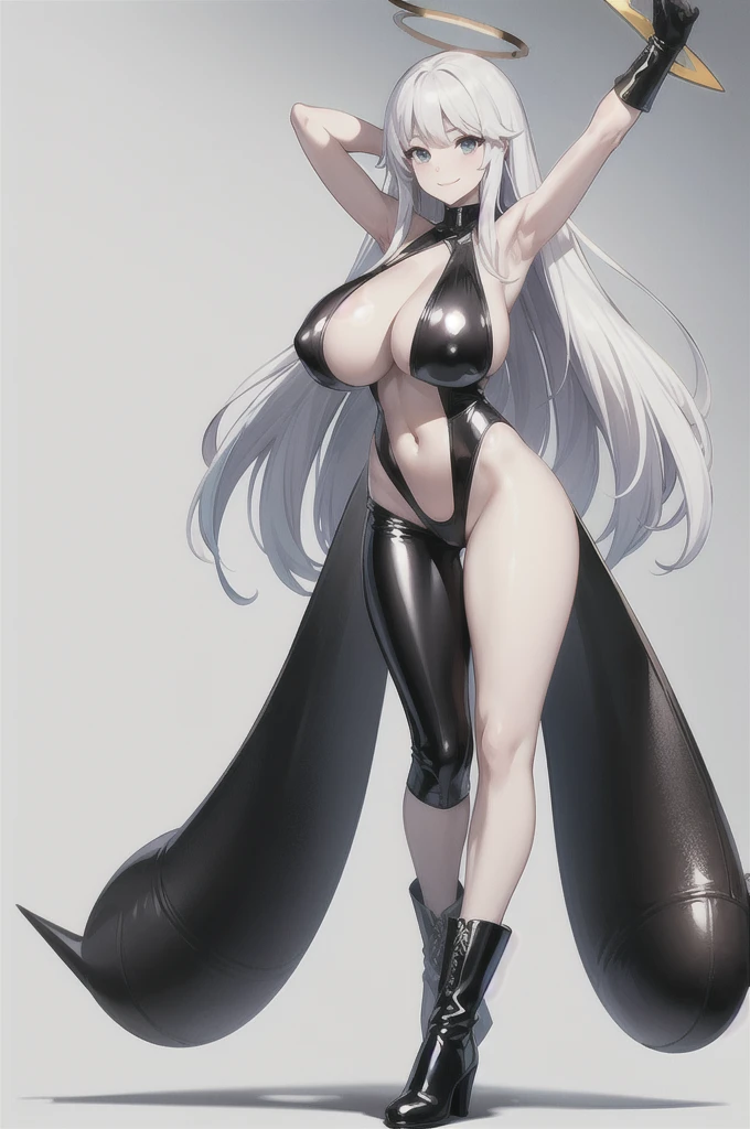 (gigantic breastss:1.2),halo angelical,Idol,long white hair,pale skin,latex gloves,high-heeled leather boots,standing posture,Full body like,smilling face,Black slingshot swimsuit,Xale de vison,exposing your navel,Expose the armpits,White background,simple background