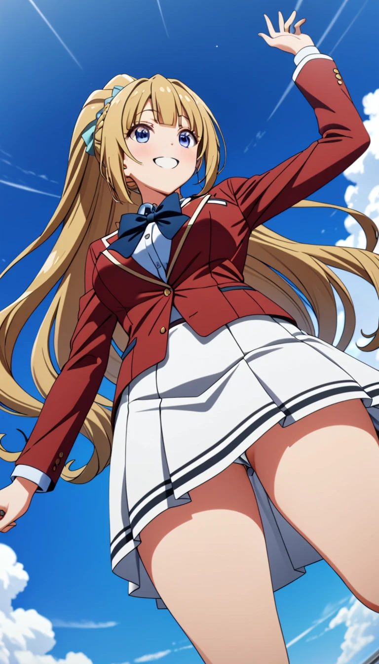 masterpiece, best quality, highres, ponytail hair, (single braid:1.2), hair ribbon, red blazer,buttoned blazer, blue bowtie, long sleeves, white skirt,smile,,jumping to the sky,from below,background in sky,score_9, score_8_up, score_7_up, score_6_up, source_anime