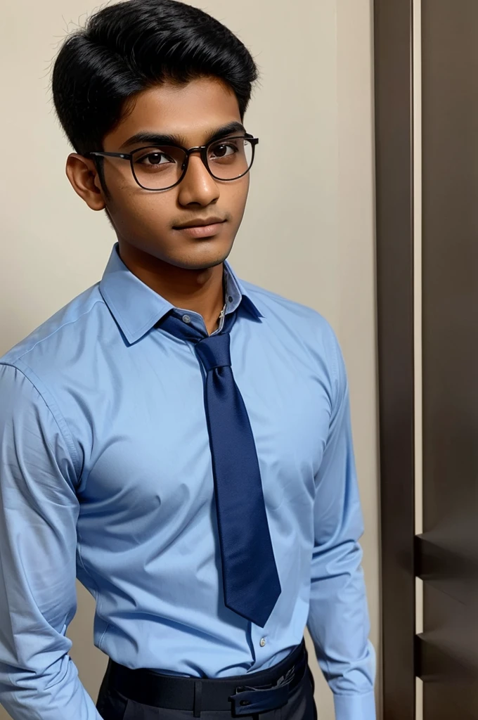19 year old indian boy with fair skin wearing spectacles and narrow body posing a linkedin picture in formals